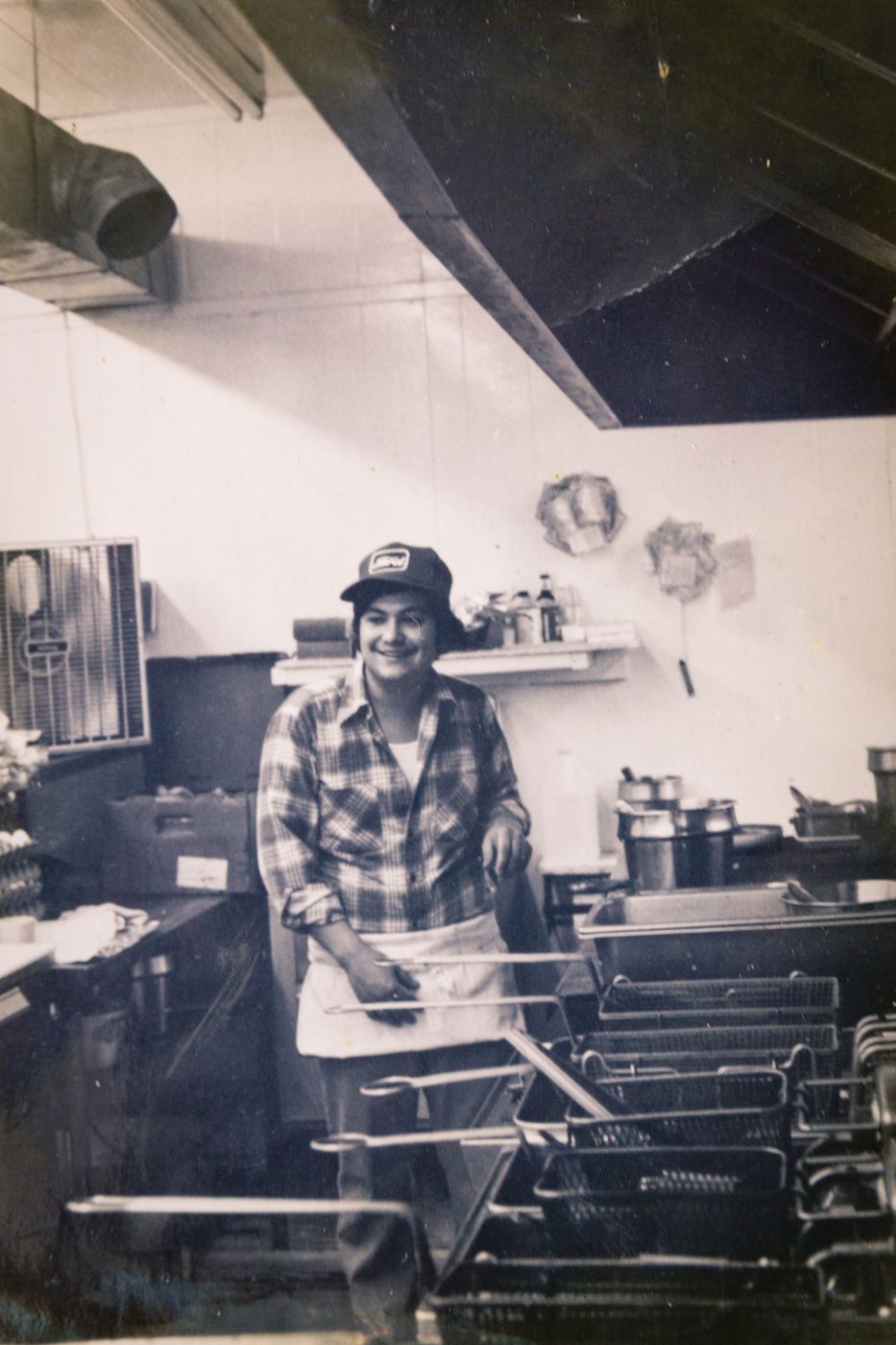 Black and white photo of Big Avery at the grill